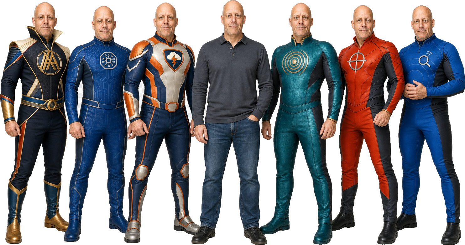 Aaron Phillips with his six service heroes — Brand Man, AI Man, CF Man, Beacon, Vector and Intercept — a lineup of one accountable human wearing every hat.
