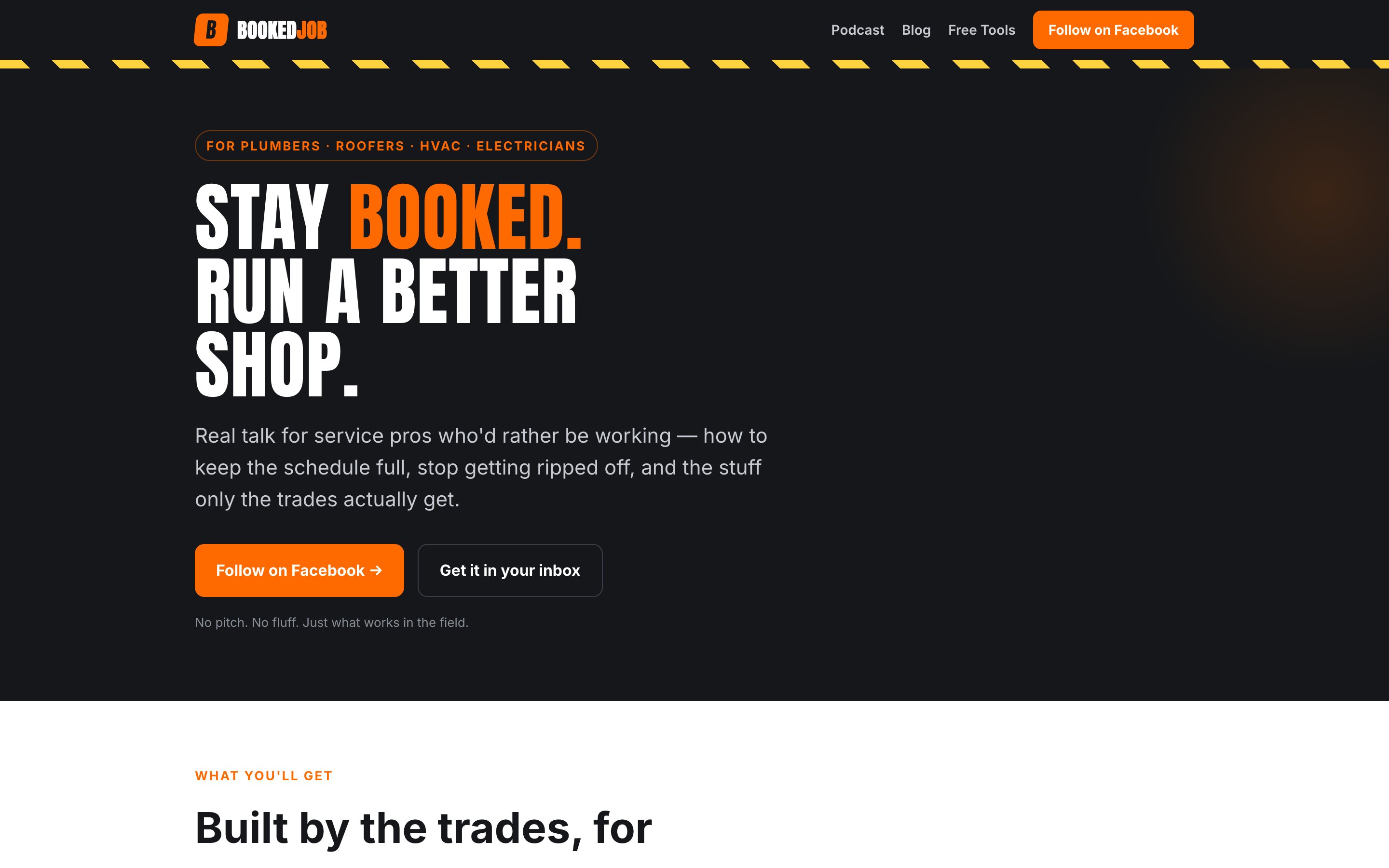 Booked Job homepage — marketing brand for service pros, desktop