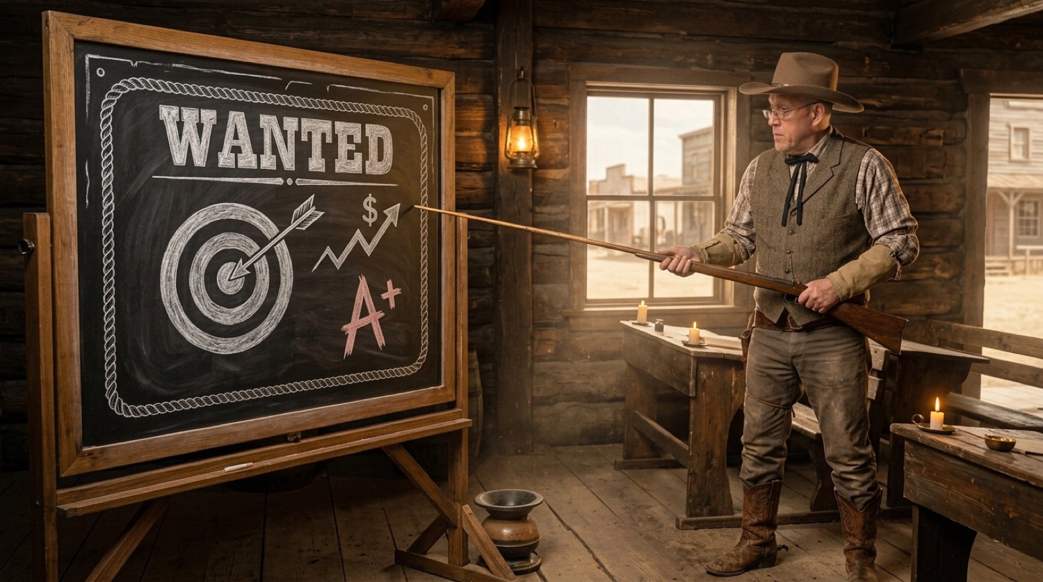 Aaron as a Wild West schoolmaster pointing at a WANTED bullseye board