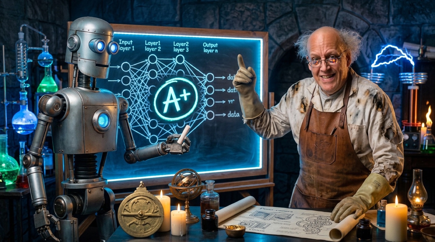 Aaron as a mad scientist with a tin robot and a neural-network board