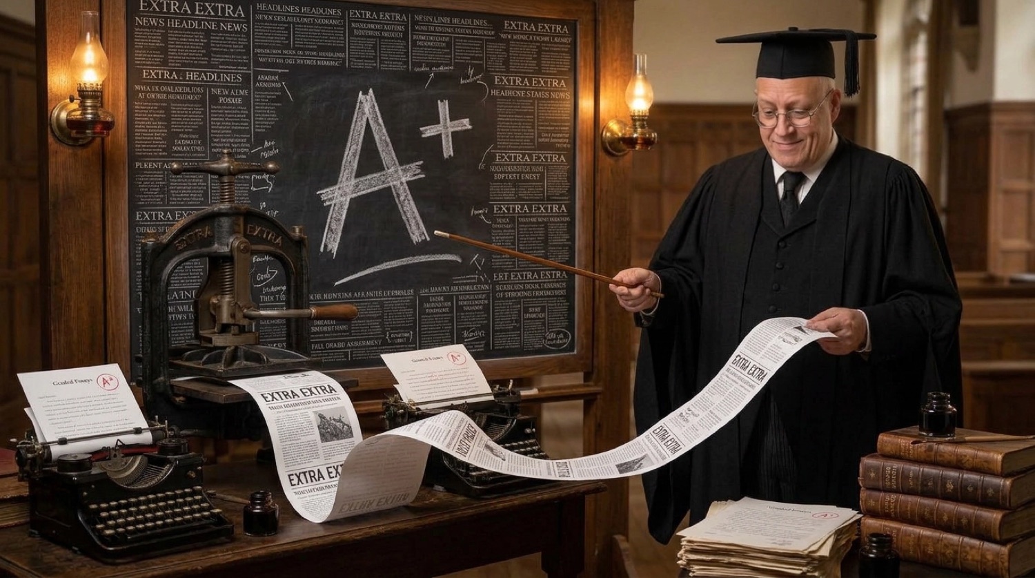 Aaron as a Victorian schoolmaster at a printing press churning out pages