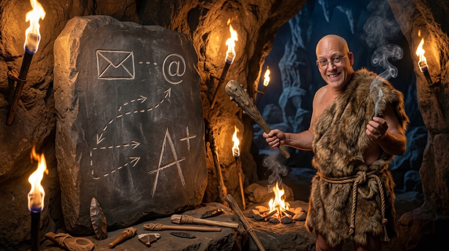 Aaron as a caveman teacher sending a message from a stone tablet
