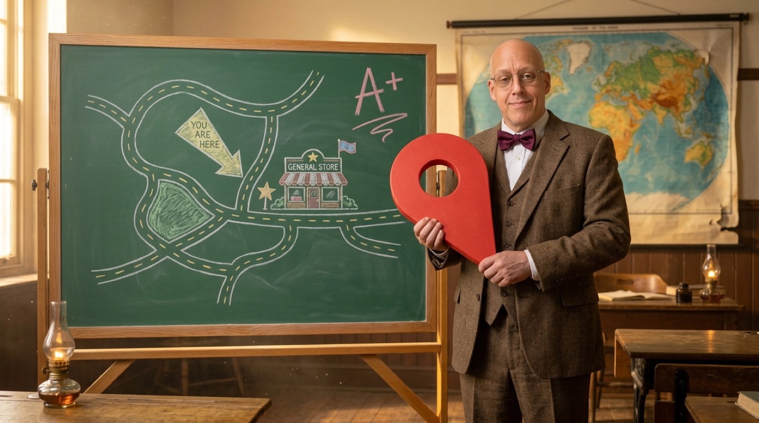 Aaron holding a giant map pin beside a chalkboard town map