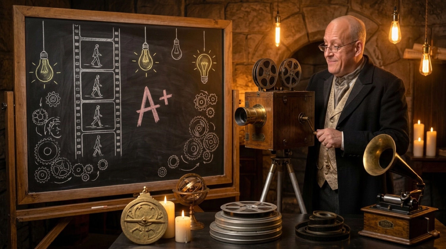 Aaron cranking an antique Edison-era movie camera