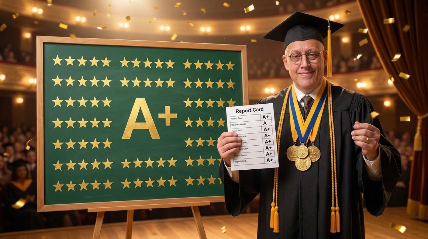 Aaron in graduation regalia holding a straight-A report card