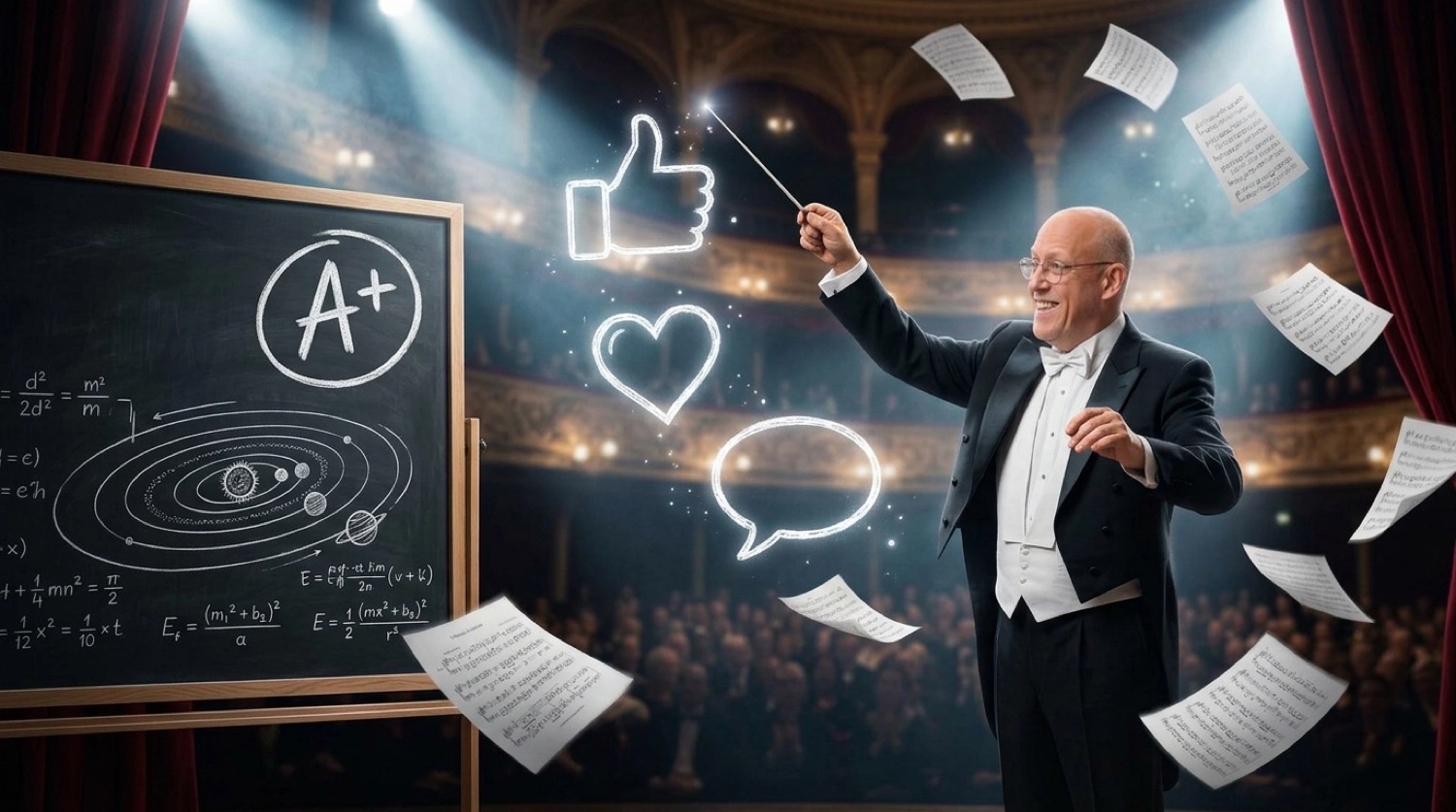Aaron as an orchestra conductor conducting glowing social icons