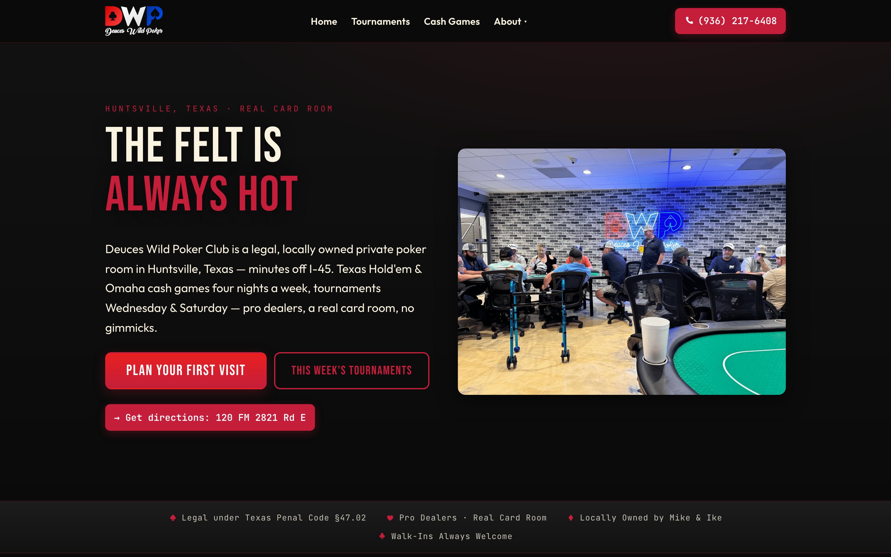 Deuces Wild Poker Club homepage — “The felt is always hot”, desktop