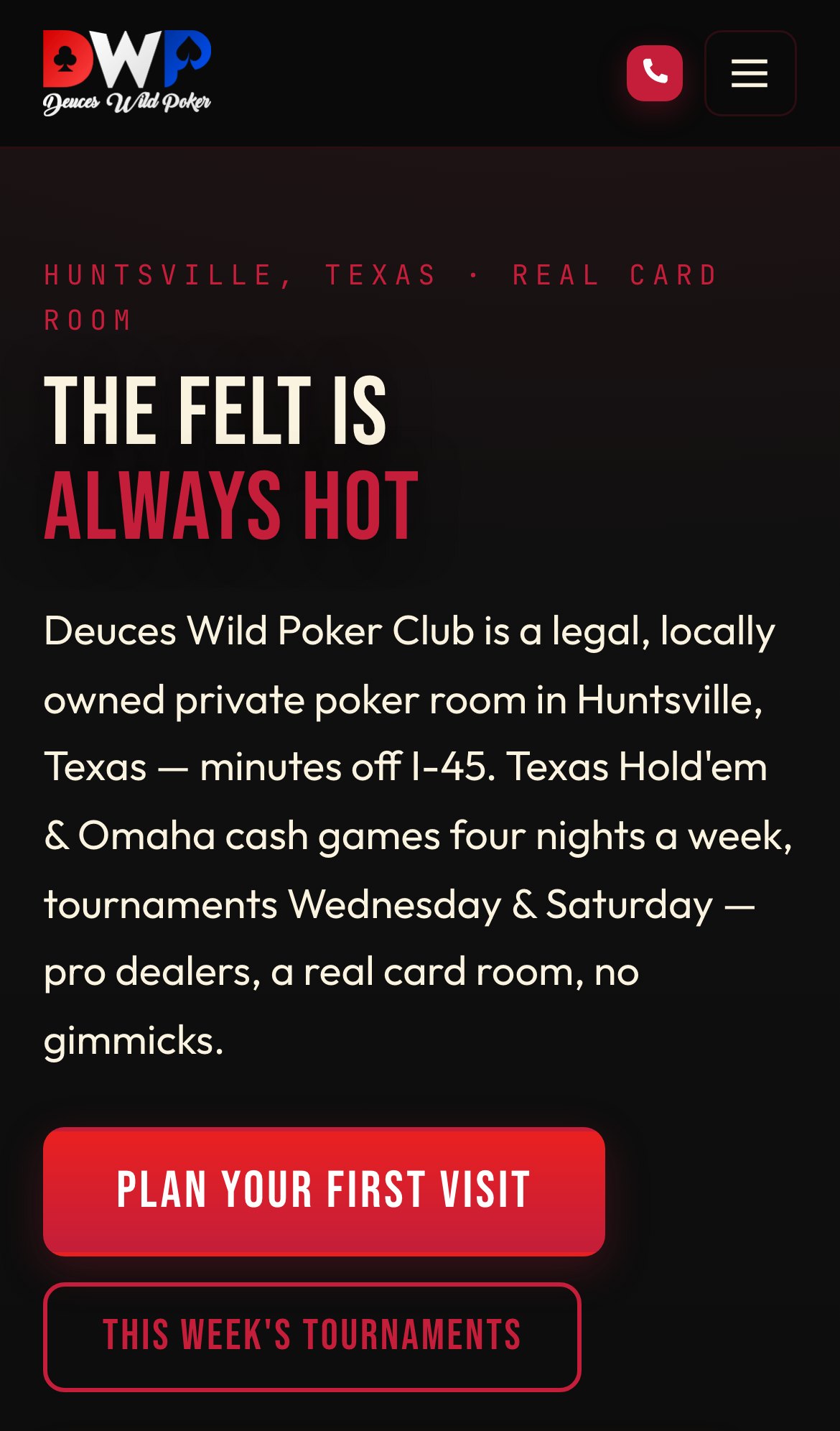 Deuces Wild Poker Club homepage on mobile