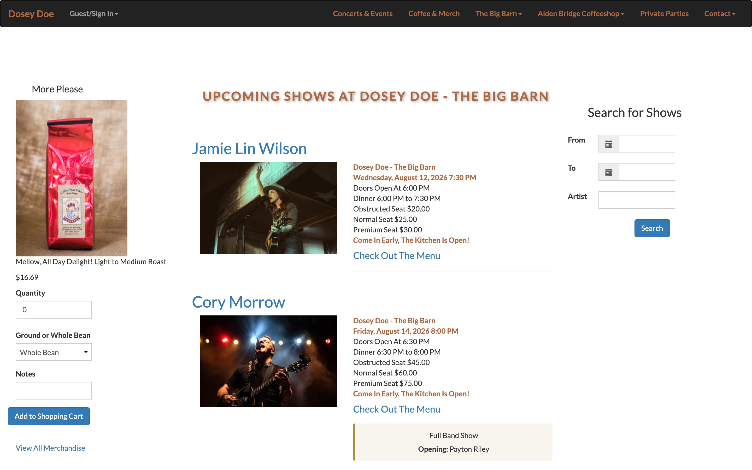 Dosey Doe — The Big Barn, upcoming shows, desktop
