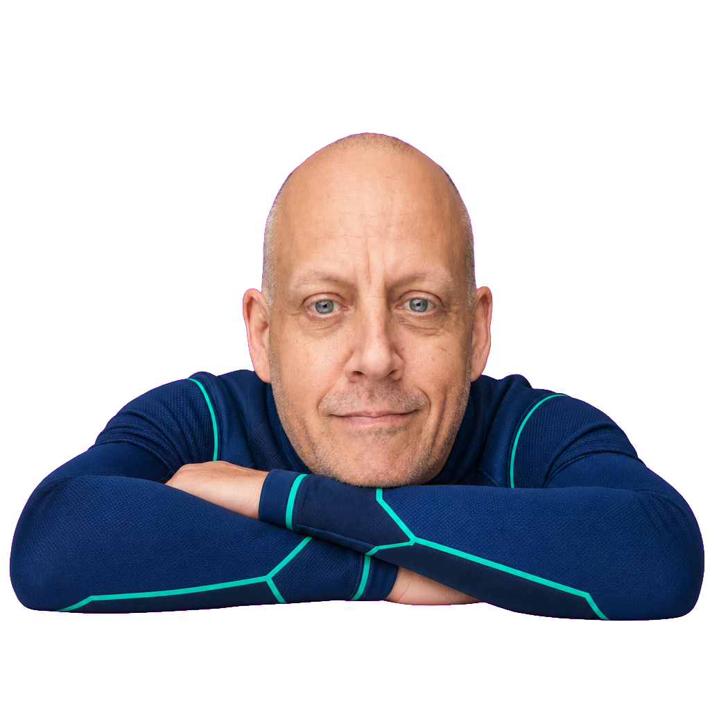 Lead Man peeking over the top of the phone, arms folded, chin resting