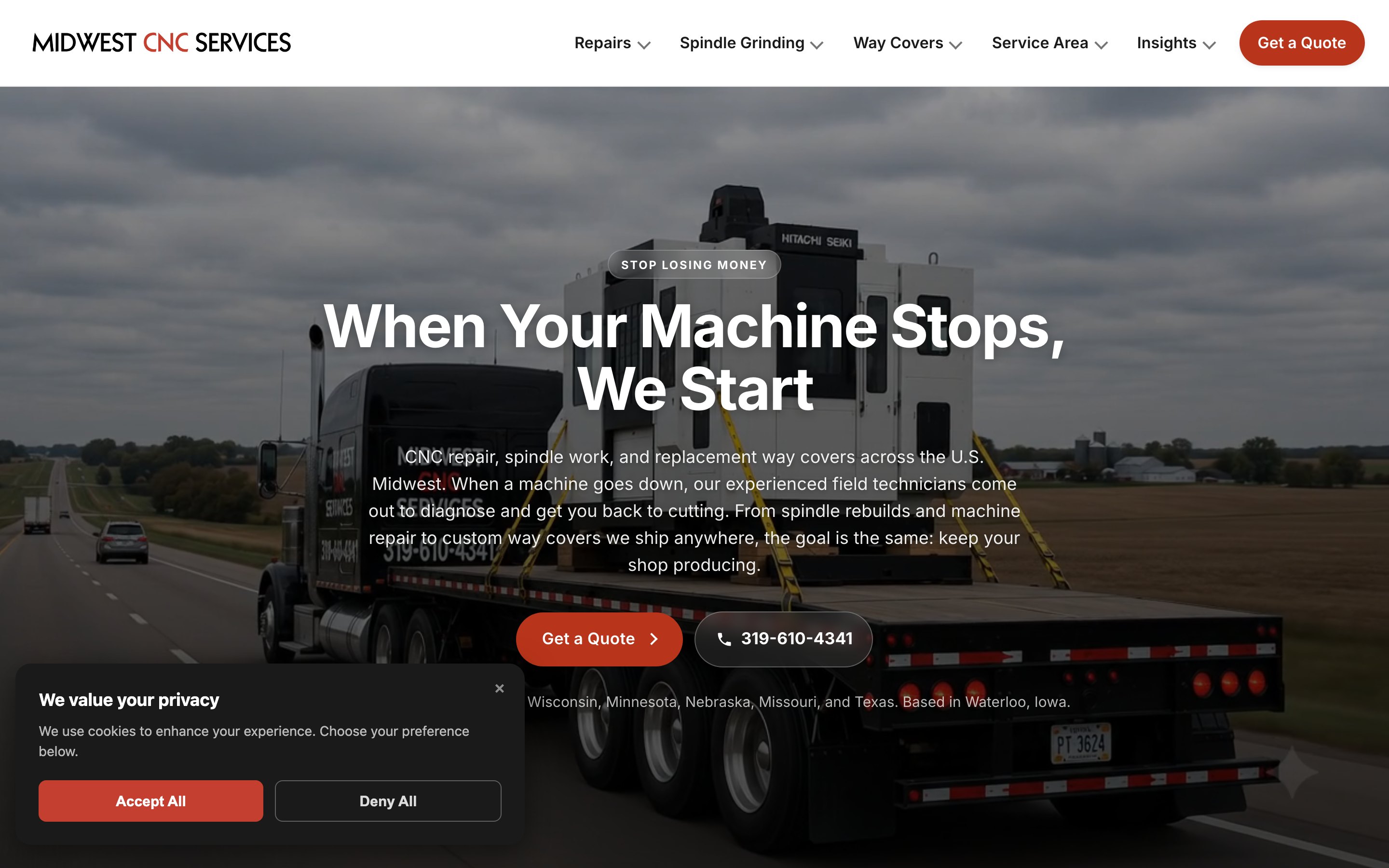 Midwest CNC Services homepage — “Stop Losing Money · When Your Machine Stops, We Start”, desktop