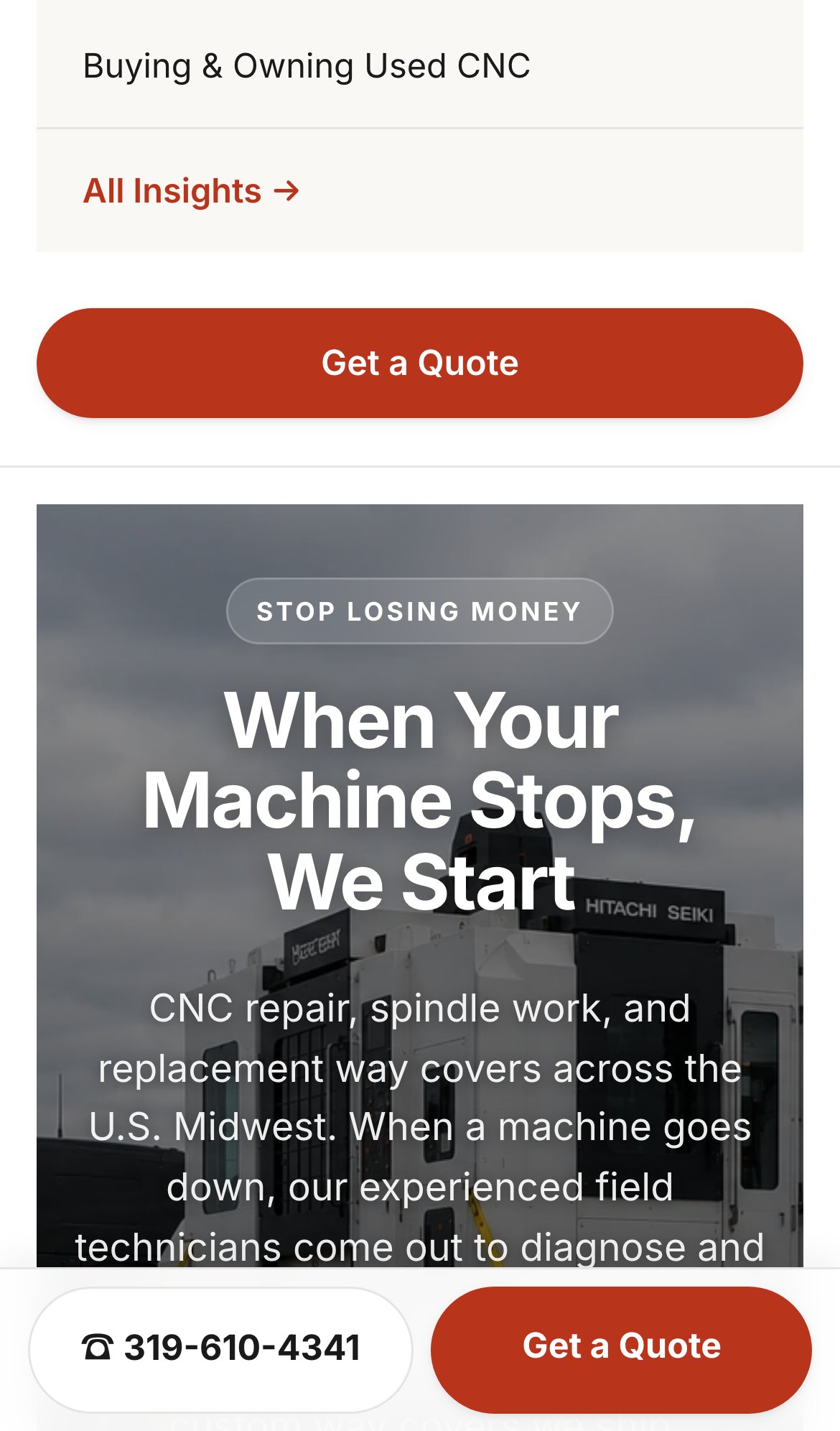 Midwest CNC Services homepage on mobile, phone-first Get a Quote CTA